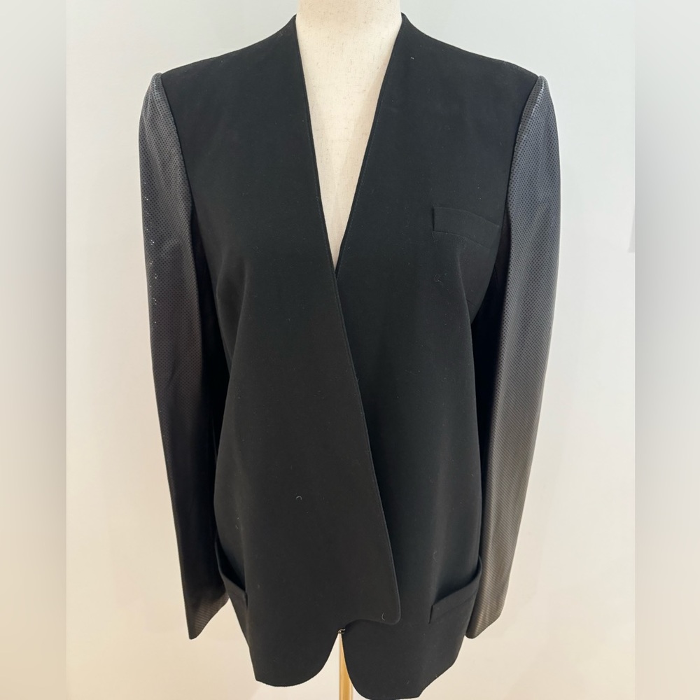 Robert Rodriquez black collarless blazer with leather sleeves